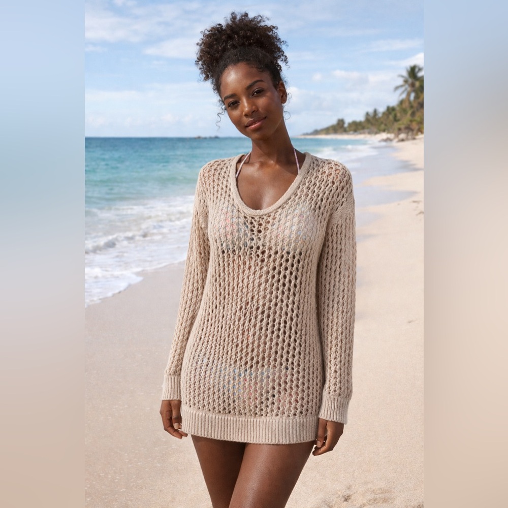 Massimo Beige Open-Knit Sweater | Swimsuit Cover-Up | Lightweight Knit Top